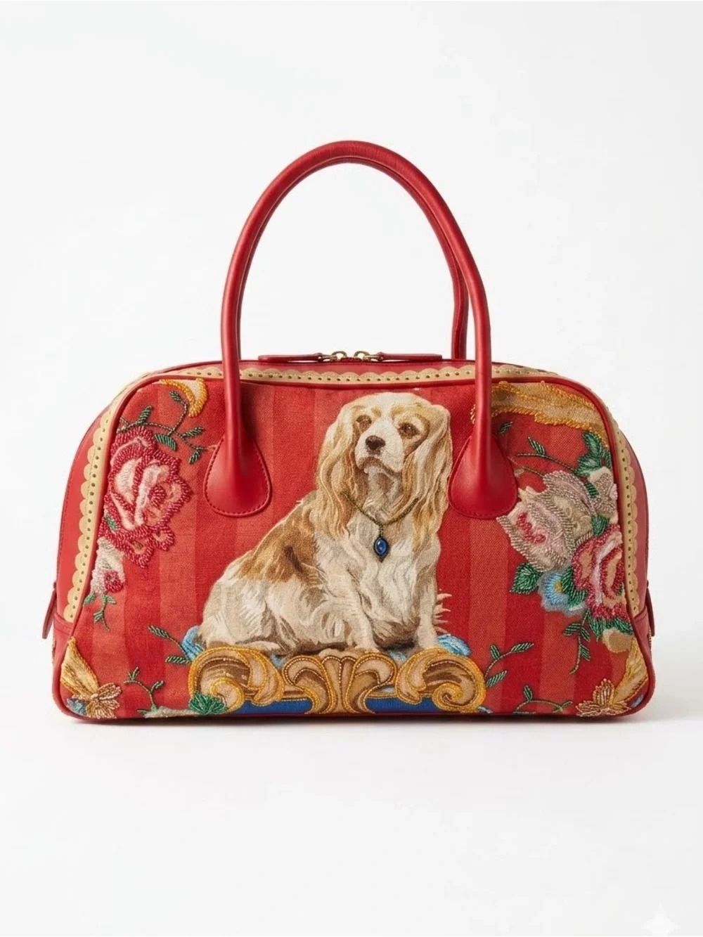 Vintage Isabella Fiore Tapestry Cocker Spaniel Beaded Satchel Bag Red